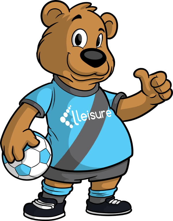 Bertie Bear wearing a football kit and holding a football