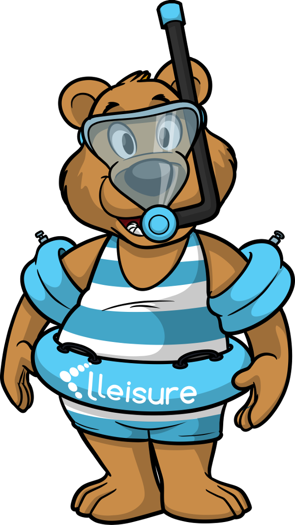 Bertie Bear wearing a swim costume and snorkel