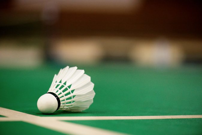 A shuttlecock on a badminton court